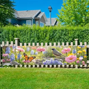 Spring garden banner with colorful flowers and birds for outdoor fence decoration.