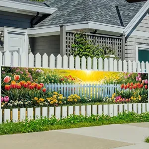 Spring garden theme decorative banner with sunlight and flower field design for fence