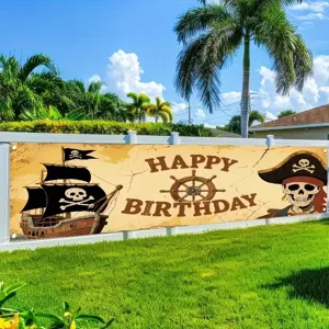 Pirate themed happy birthday banner with skull captain and ship for kids party