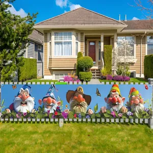 Outdoor spring garden banner featuring colorful gnomes and butterflies for yard decor