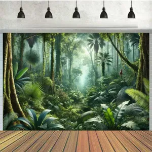 Tropical rainforest photography backdrop with lush jungle plants and natural sunlight