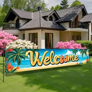 Tropical beach welcome banner with palm trees for summer party garden outdoor decor