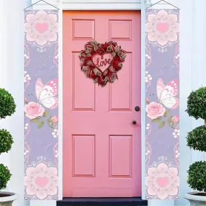 Pancartas románticas de puerta con flores y mariposas rosas y moradas para decoración hogar