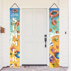 Summer beach theme porch banners with Hello Summer text and tropical illustrations