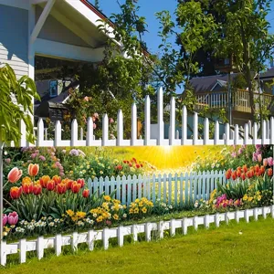 Spring garden theme decorative banner with sun rays and floral fence design for yard