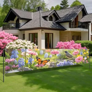 Decorative spring garden banner featuring vibrant flowers birds and butterflies for yard