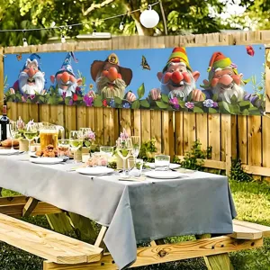 Garden banner featuring five colorful 3D gnomes for spring outdoor decor