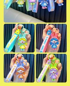 Collection of colorful cartoon rabbit girl keychains with soft rubber straps and dolls