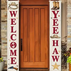 Western cowboy theme porch banners with Welcome and Yeehaw text for door decoration