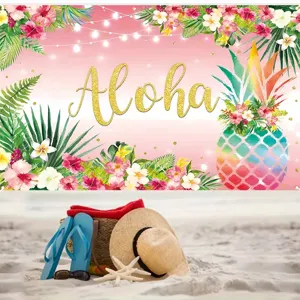 Hawaiiaanse Aloha-fotografieachtergrond met tropische bloemen en kleurrijke ananas.