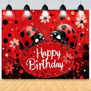 Ladybug themed birthday photography backdrop with red and black polka dots for party decor