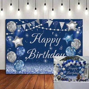 Navy blue photography backdrop for birthday party with balloons glitter and stars design