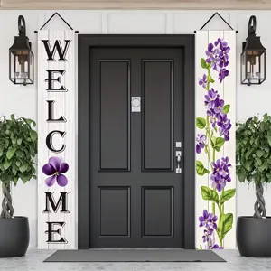 Welcome Türbanner mit lila Blumenmuster auf weißem Holzhintergrund