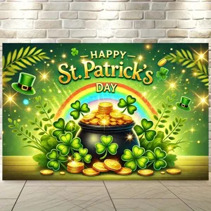 Fondo fotográfico de San Patricio con tréboles, arcoíris y caldero de monedas de oro