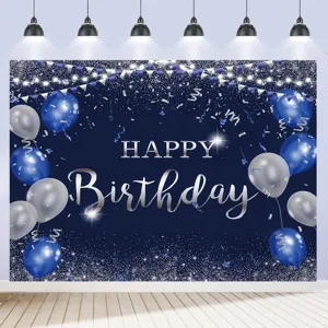 Navy blue and silver glitter happy birthday photography backdrop with balloons