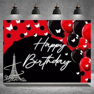 Red and black ladybug style birthday backdrop with Eiffel Tower for party decor