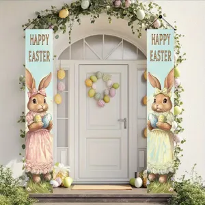 Easter porch banners with cute rabbit illustrations and Happy Easter text decorations