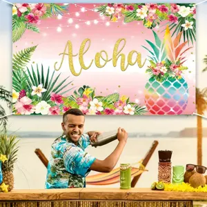 Tropische Hawaï Aloha feestachtergrond met kleurrijke ananas en bloemmotieven.