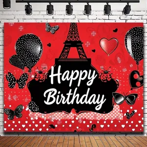 Red and black Eiffel Tower ladybug birthday backdrop for party photography decoration
