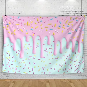 Vibrant donut themed pink melting frosting photography backdrop for kids birthday party decoration