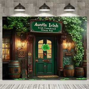 Fondo fotográfico del Día de San Patricio con fachada de pub irlandés verde vintage