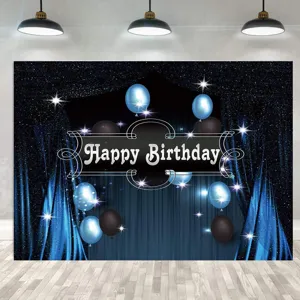 Navy blue Happy Birthday photography backdrop featuring balloons and glitter starry stars