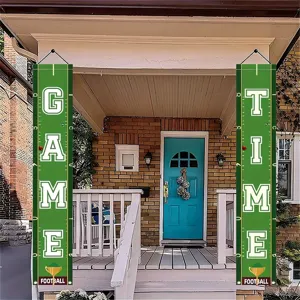 Football themed GAME TIME porch banners for sports party event and home door decoration.