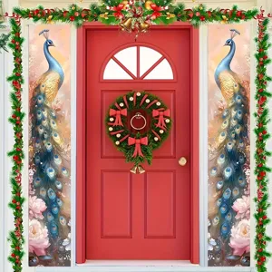 Peacock Peony Print Door Banner Couplet Polyester Home Entrance Decoration Traditional Chinese Floral Hanging Party Decor