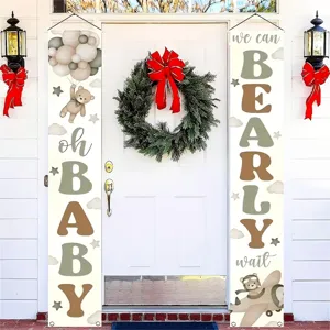 Oh Baby Shower Porch Sign Banner Cartoon Bear Pattern Pongee Fabric Door Hanging Couplet For Welcome Party Decoration
