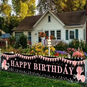 Black Pink Happy Birthday Banner Decoration With Balloons Fireworks Print Polyester Yard Sign For Girls Women Birthday Party Backdrop Decor