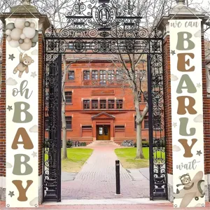 Teddy bear theme baby shower door banners with oh baby and we can bearly wait text