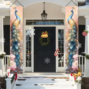 Elegant peacock and peony print porch banners for holiday front door decoration in winter snow