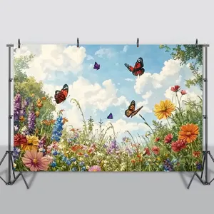 Frühlingsblumenfeld Fotohintergrund mit Schmetterlingen für Party- und Studio-Dekoration
