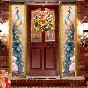 Elegant peacock and peony print porch banners for festive home entrance door decoration
