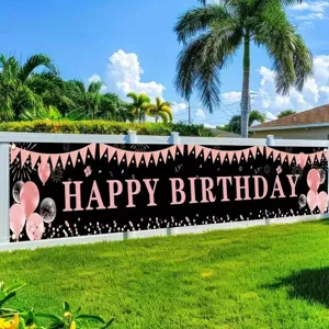 Large black and pink birthday party banner with balloon and firework elements