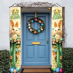 Banner pasquali per porta con coniglietto cesto di fiori e scritta Happy Easter
