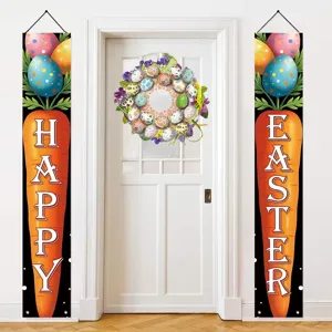 Vibrant Easter porch banner set featuring cartoon carrot designs and festive Happy Easter text
