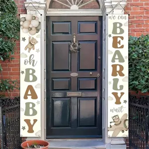 Decorative teddy bear baby shower door banners with Oh Baby and Bearly Wait text