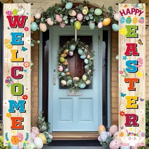 Decorative Easter porch banners featuring rabbit egg elements and welcome text