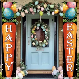 Vibrant Easter porch banners featuring carrot shapes and 'Happy Easter' holiday greeting text