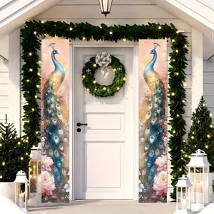 Elegant peacock and peony floral print door banners for porch and party home decoration