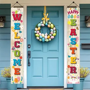Easter porch banner set with Happy Easter and Welcome text on wood grain background