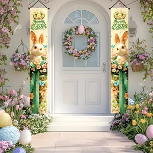 Striscioni pasquali per portico con simpatico coniglio e cesti di fiori decorativi.
