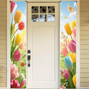 Paire de bannières de porte verticales avec tulipes et papillons pour décoration printanière