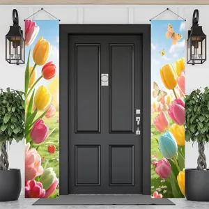 Bannières de porte de printemps avec tulipes et papillons pour décoration d'entrée