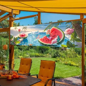Zomer zwembadfeest banner met watermeloen en zeemeermin thema voor buitendecor