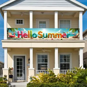 Farbenfrohes Banner mit dem Thema Hello Summer Strandparty am Hausbalkongeländer