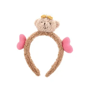 Bandeau en peluche ours brun mignon avec cœurs roses pour le lavage du visage soins