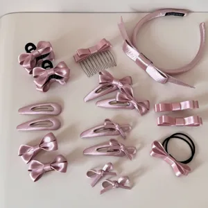 Set di accessori per capelli in raso rosa con fiocchi stile balletcore per donne e ragazze