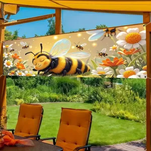 Vibrant honey bee and flower garden themed decorative banner for outdoor patio garden